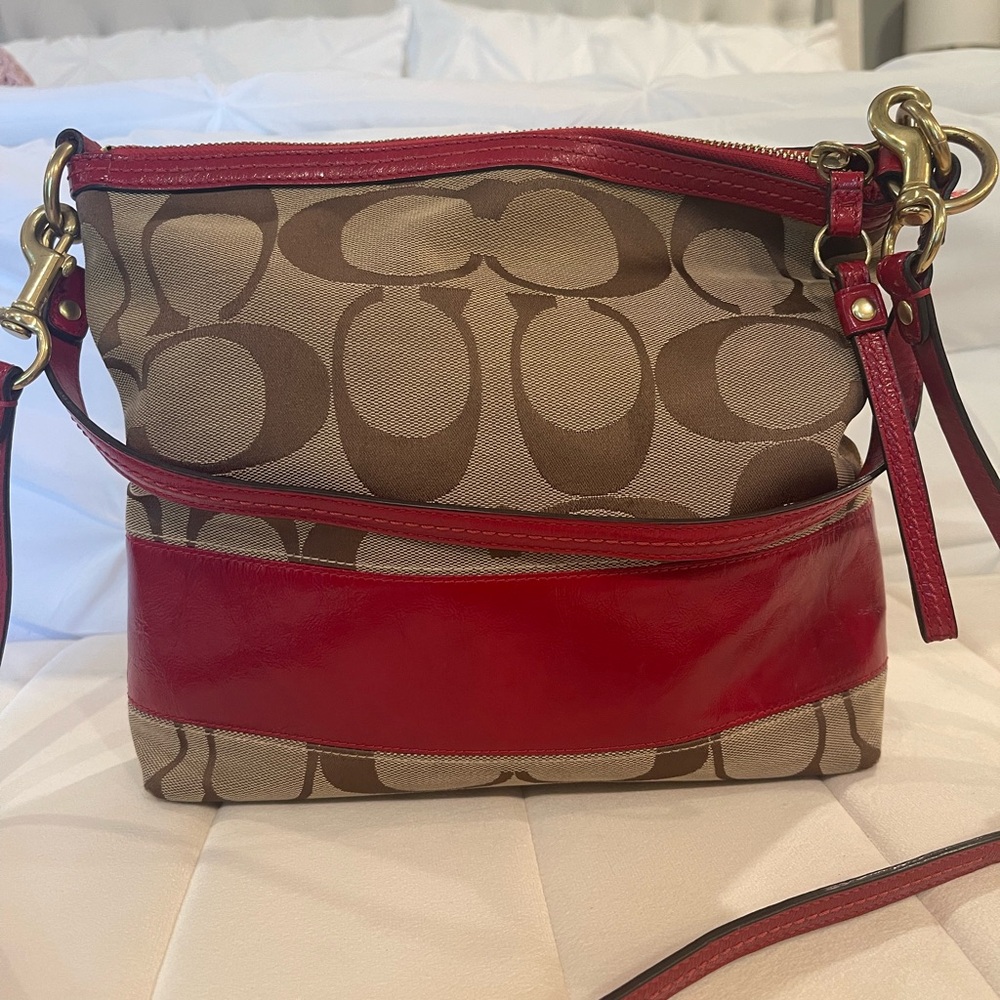Coach Red and Brown Crossbody Bag with Signature Monogram